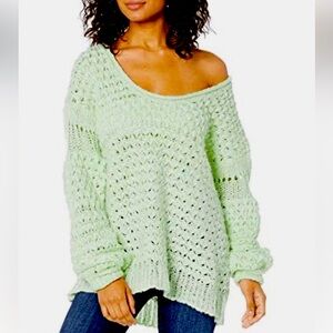 Free People Crashing Waves Open Knit Sweater Wool Blend Mint Green Slouchy S